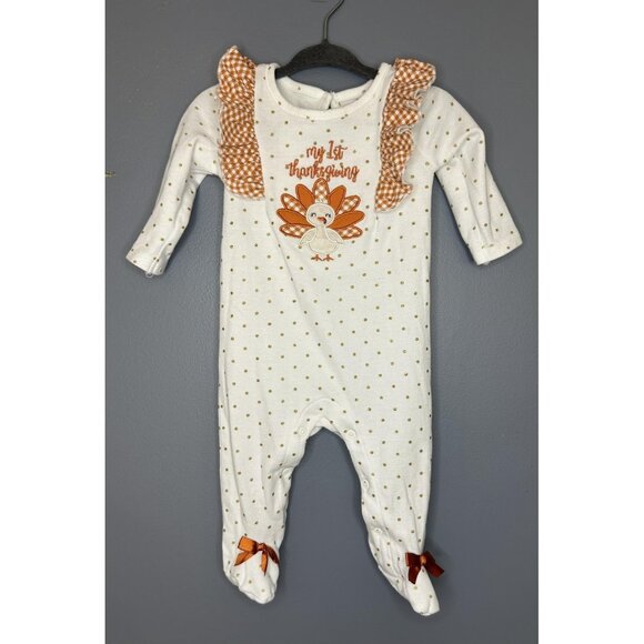 Baby Essentials Footed Thanksgiving Romper Girls 6M White Orange Turkey Outfit - Picture 1 of 8